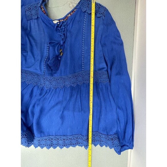 Farmers Market Women's Blouse Petite Medium 100% Rayon Lace V-Neck Boho Blue - Picture 9 of 13